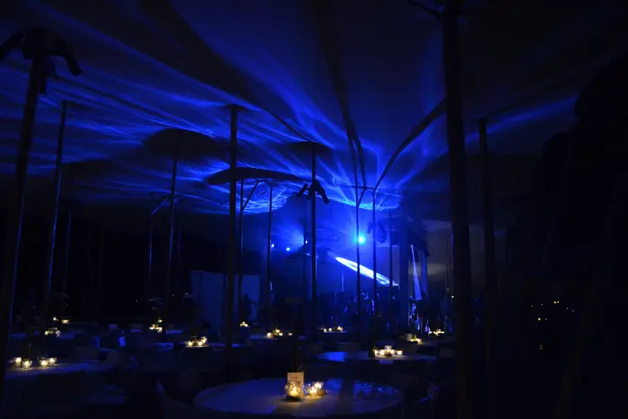 Ambiance nocturne sous une toile en éclairage bleu